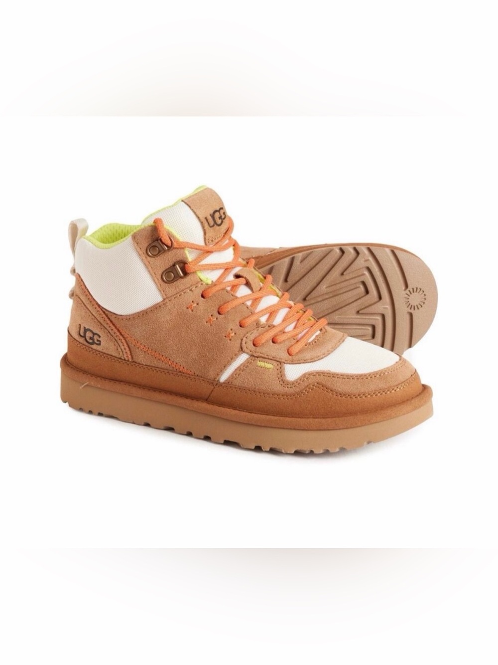 UGG Kids Tan & White Suede High-Top Sneaker with Orange Laces